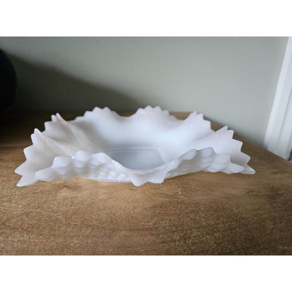 Vintage Fenton Milk Glass Diamond Point Ruffled Square Candy Dish Pink Trim 7"